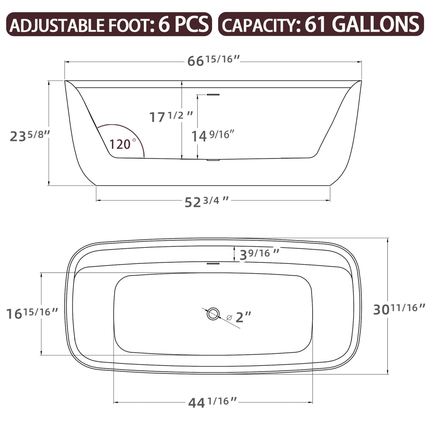 Dimensional outline drawing of a 67&quot; acrylic wide rim deck tub