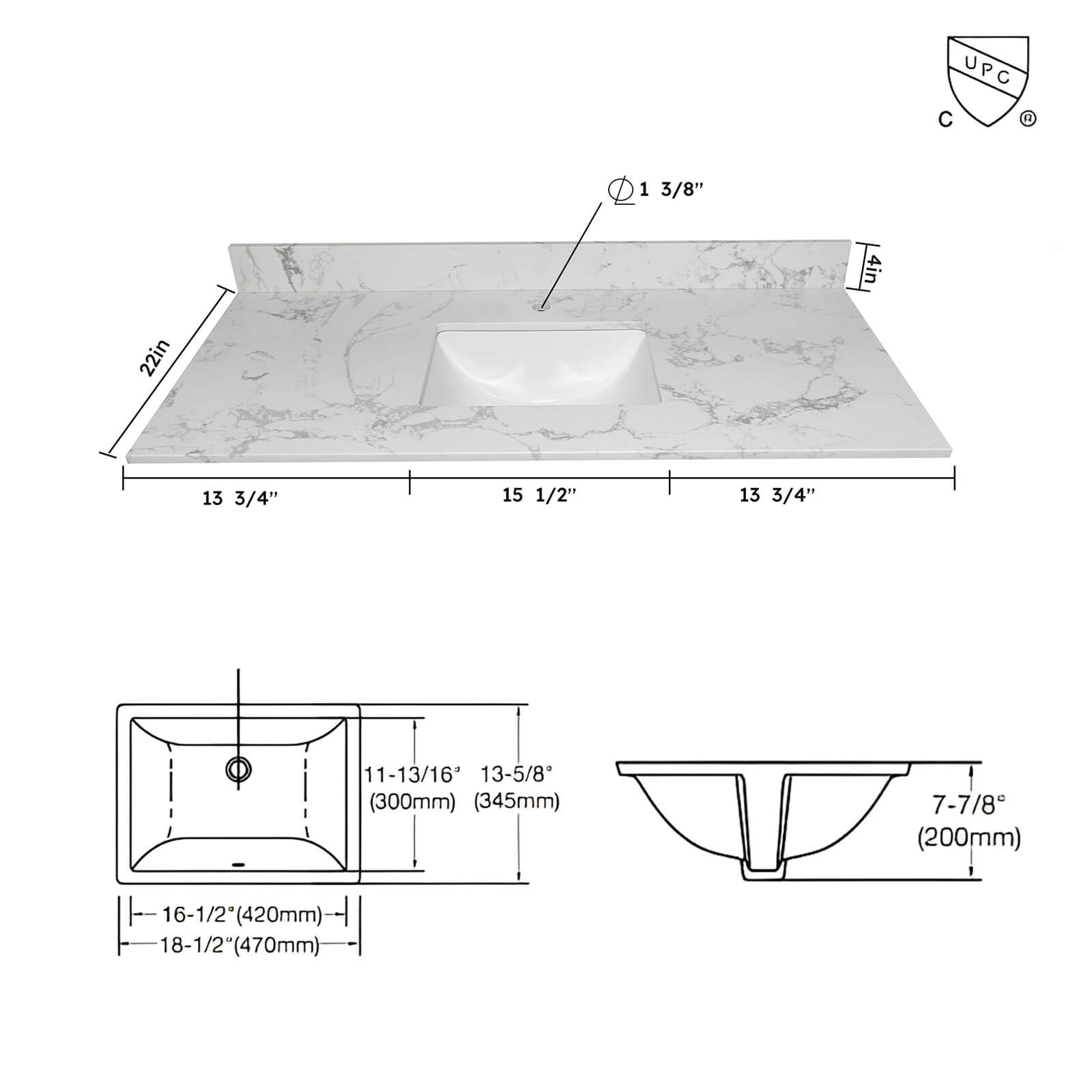 43 inch x 22 inch Single Faucet Hole Carrara Marble Vanity Top Dimensions Specifications