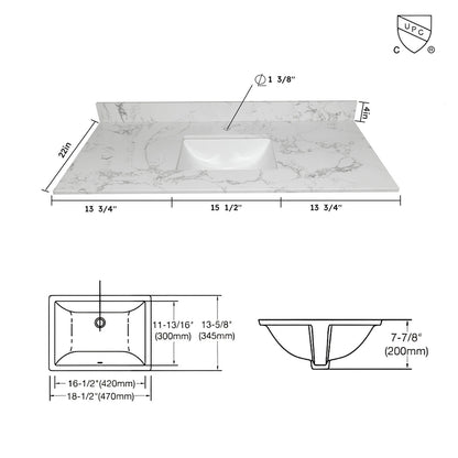 43 inch x 22 inch Single Faucet Hole Carrara Marble Vanity Top Dimensions Specifications