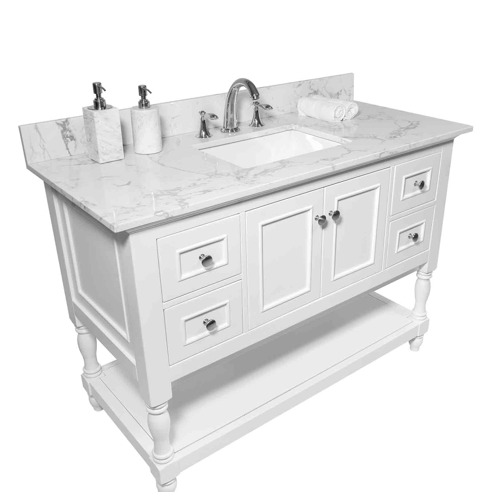 43 x 22 Carrara marble vanity top with 3 faucet holes installed to bathroom vanity