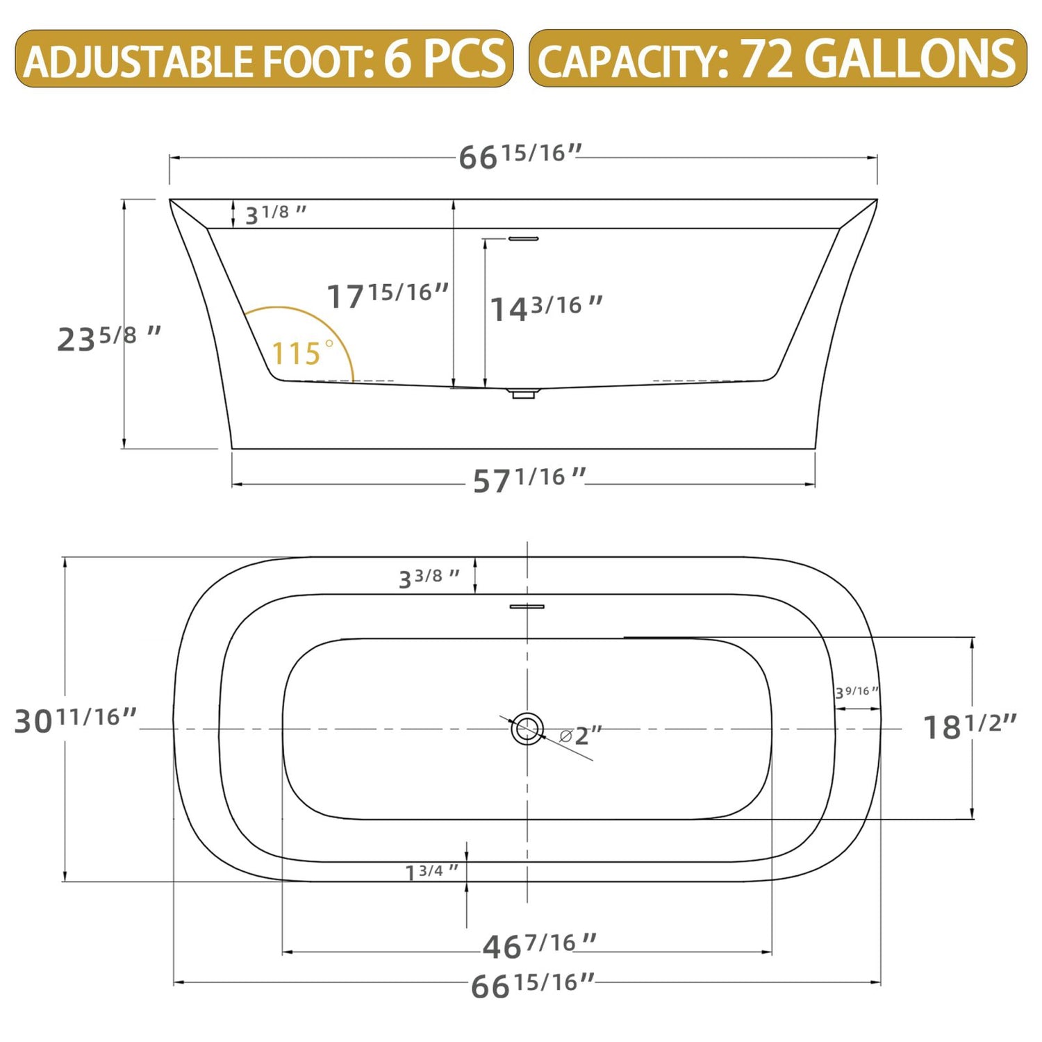 Dimensional outline of a 67&quot; beveled edge flat bottom acrylic bathtub