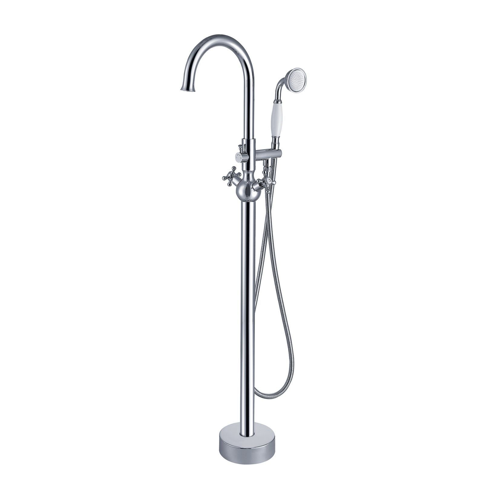 45&quot; Chrome Independent Freestanding Tub Filler Faucet, Round Shower Head &amp; Double Handles