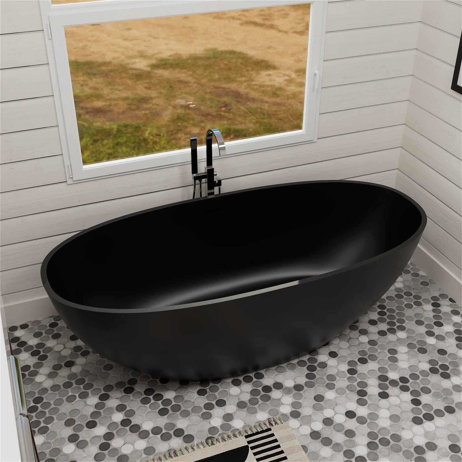 55&quot; Solid Surface Stone Resin Oval-shaped Freestanding Soaking Bathtub with Overflow