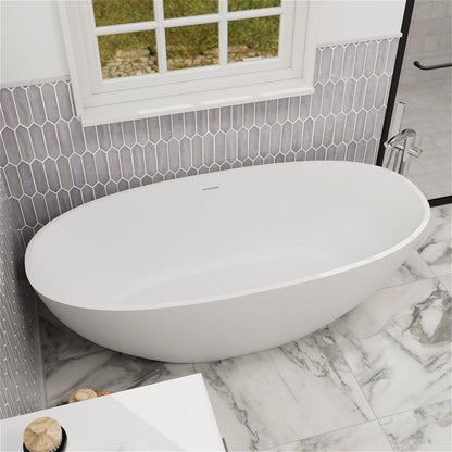 55&quot; Solid Surface Stone Resin Oval-shaped Freestanding Soaking Bathtub with Overflow