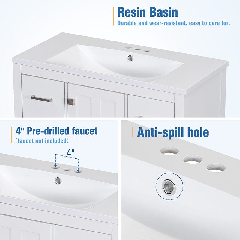 36-Inch Freestanding Drawer Bathroom Vanity with Resin Sink and USB Charging