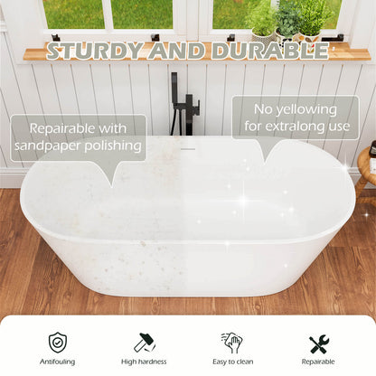 65&quot; Stone Resin Bathtub Oval-shaped Solid Surface Stand Alone Tub with Pop-up Drain