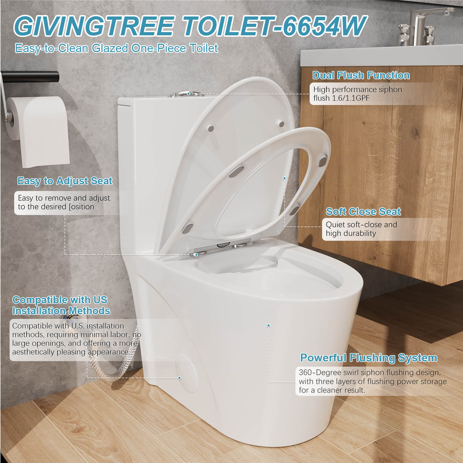 Giving Tree One Piece 1.1GPF/1.6 GPF Dual Flush Elongated Toilet