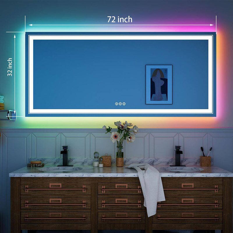 RGB LED Light Bathroom Vanity Mirror Large Rectangular Frameless Anti Fog