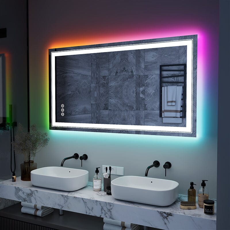 RGB LED Light Bathroom Vanity Mirror Rectangular Frameless Anti Fog