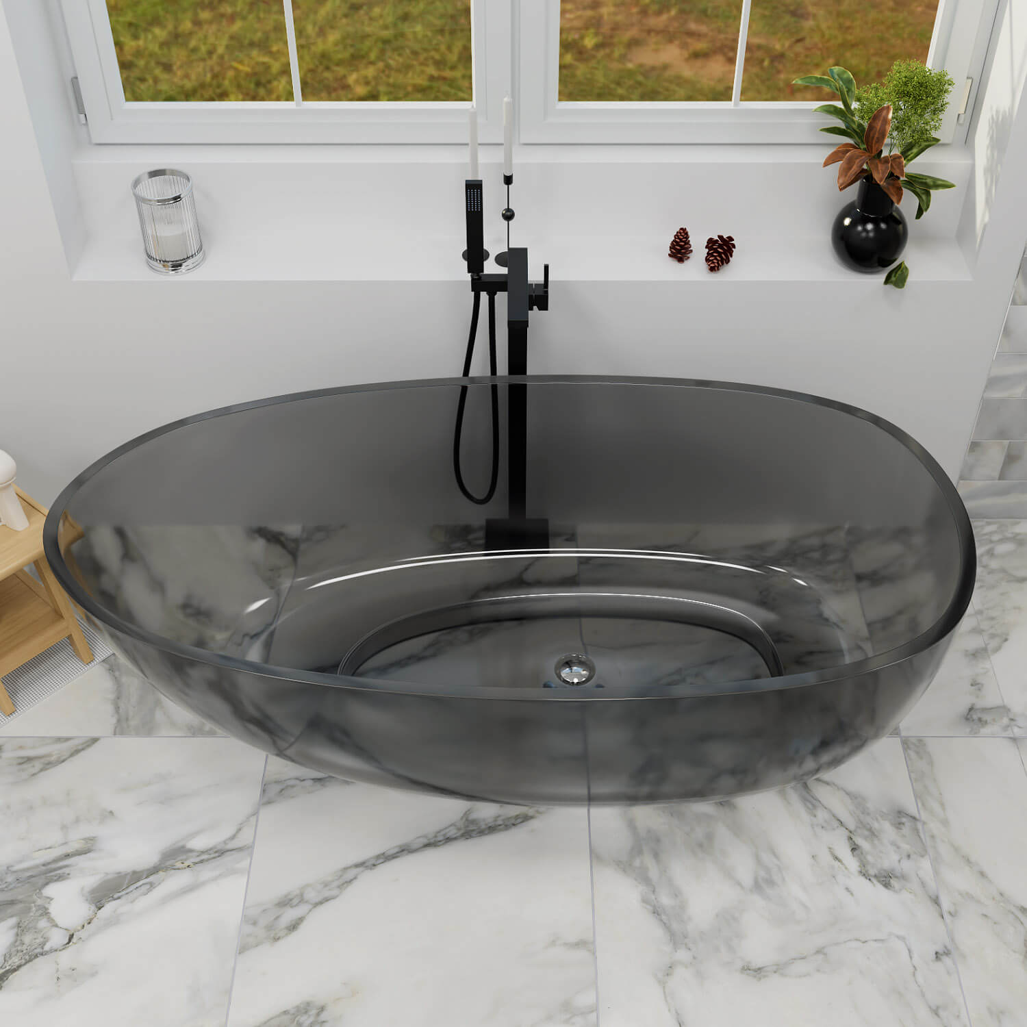 67&quot; Modern Art Resin Tub, Gray Transparent Egg Shape Freestanding Soaking Bathtub for Hotels