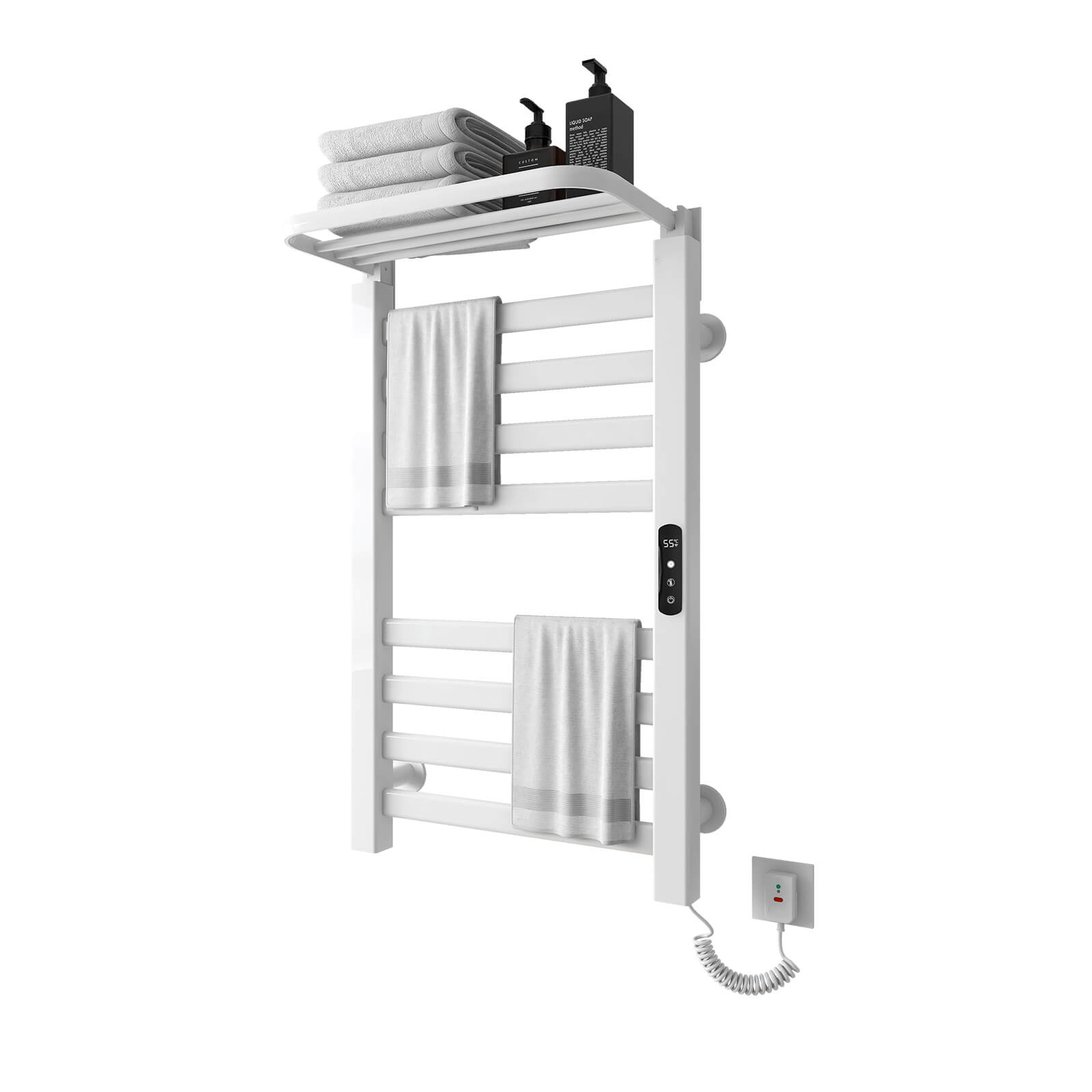 Bathroom Wall Mounted Flat 8 Bar Smart Heated Towel Rack with Top Shelf