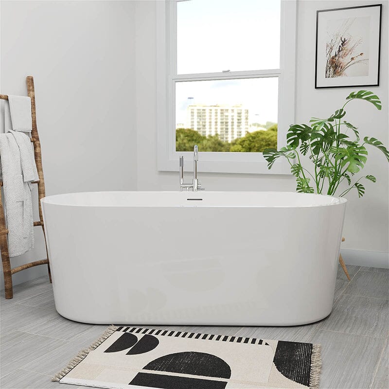 Mokleba 65&quot; Acrylic Oval Flatbottom Freestanding Soaking Bathtub in Glossy White