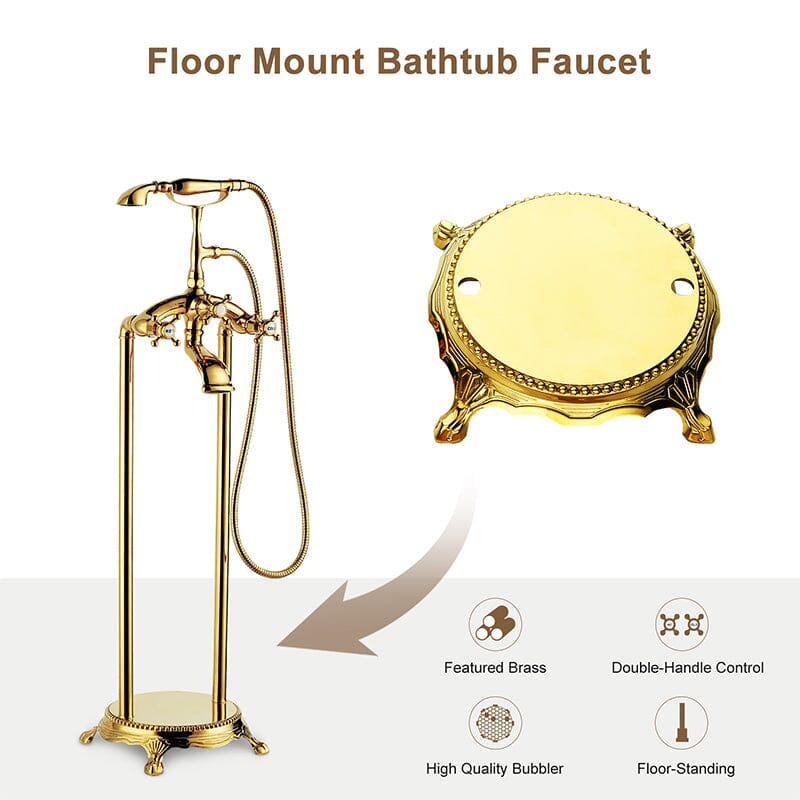 Floor Mount Freestanding Bathtub Faucet with Handheld Shower Gold Retro Style