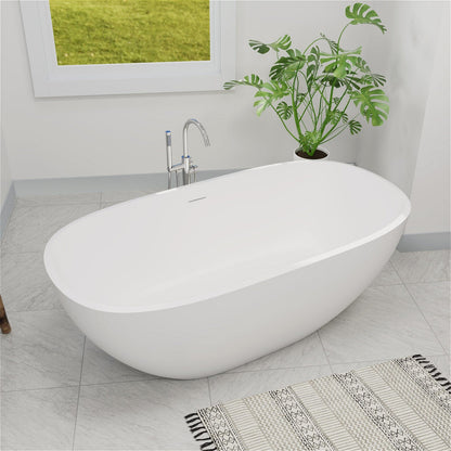 65&quot; Modern Oval Tub Solid Surface Stone Resin Freestanding Soaking Bathtub with Tub Tray