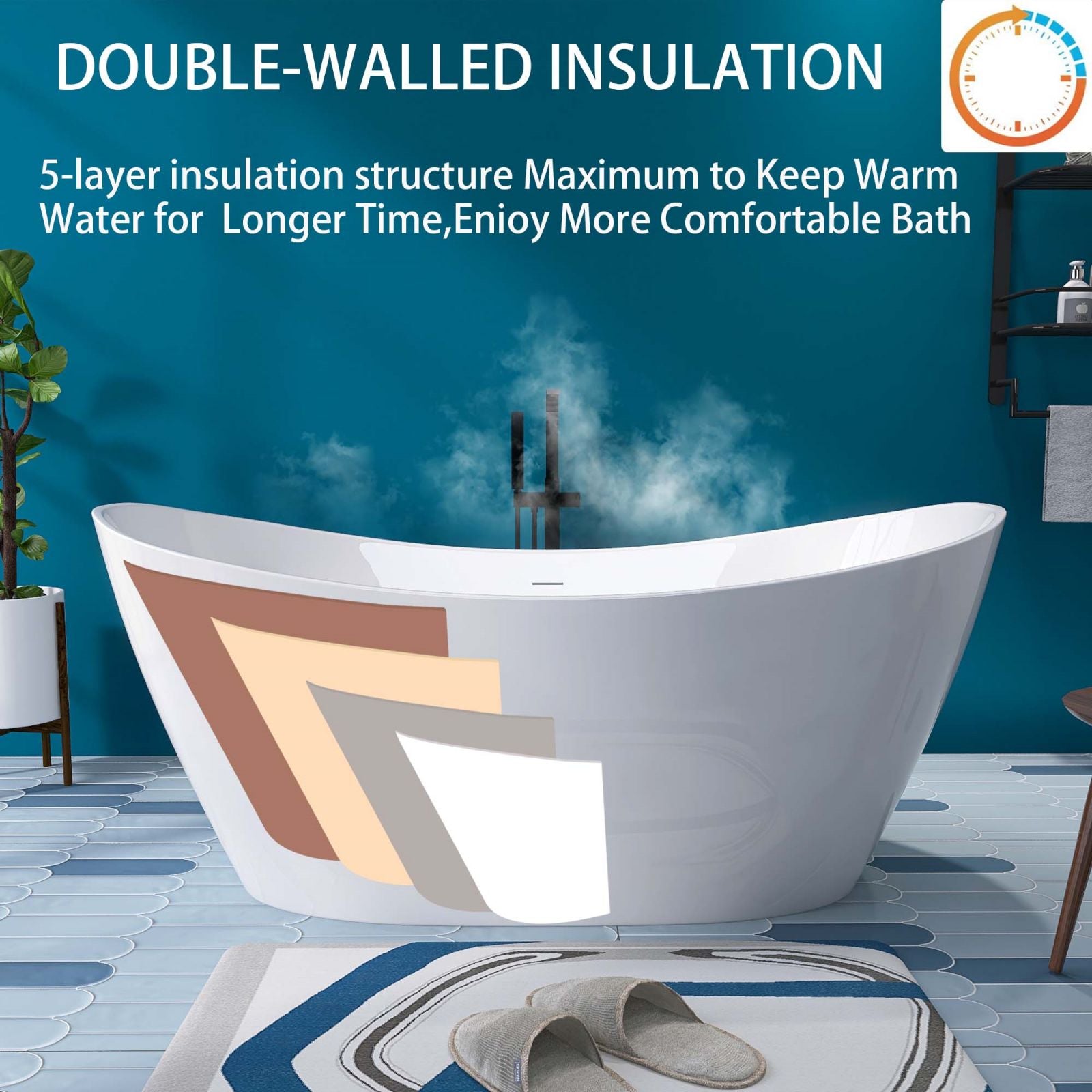 68&quot; double slipper acrylic soaking tub with super insulation