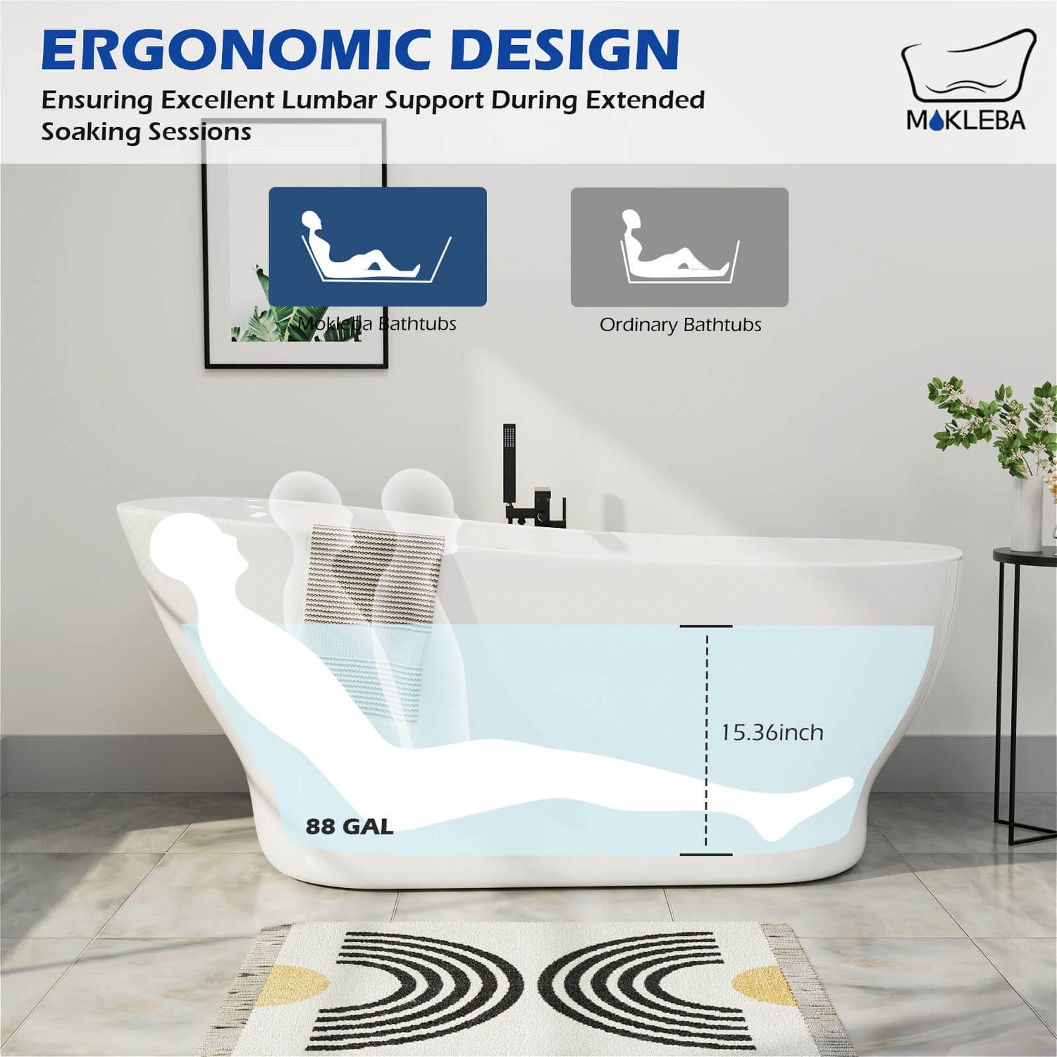 Mokleba Modern Bathroom 63&quot; Acrylic Curve Flatbottom Freestanding Bathtub in White