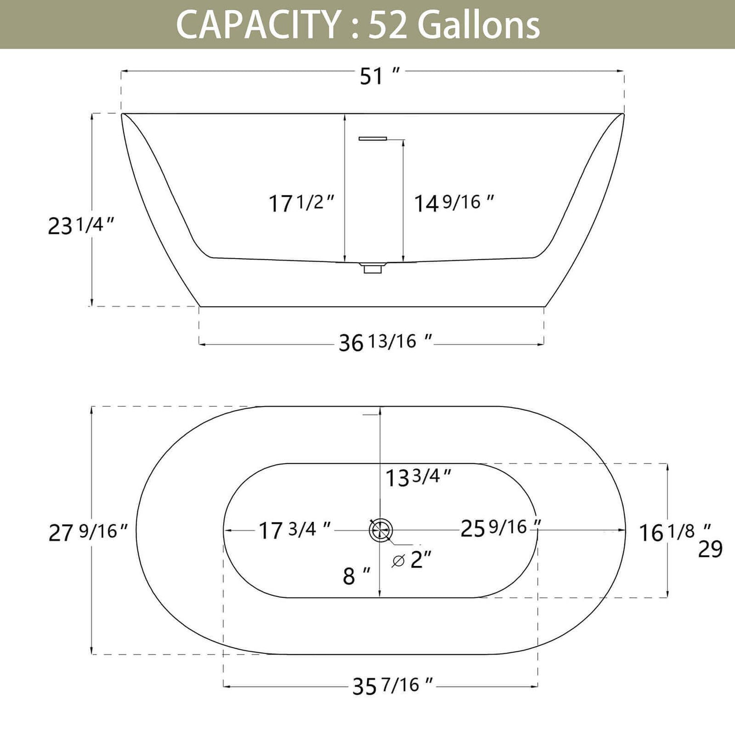 51 in Acrylic Freestanding Soaking Tub Outline Dimensions Drawing