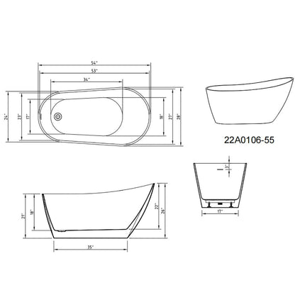 54 Inch Acrylic Slipper Freestanding Tub Dimensions Outline