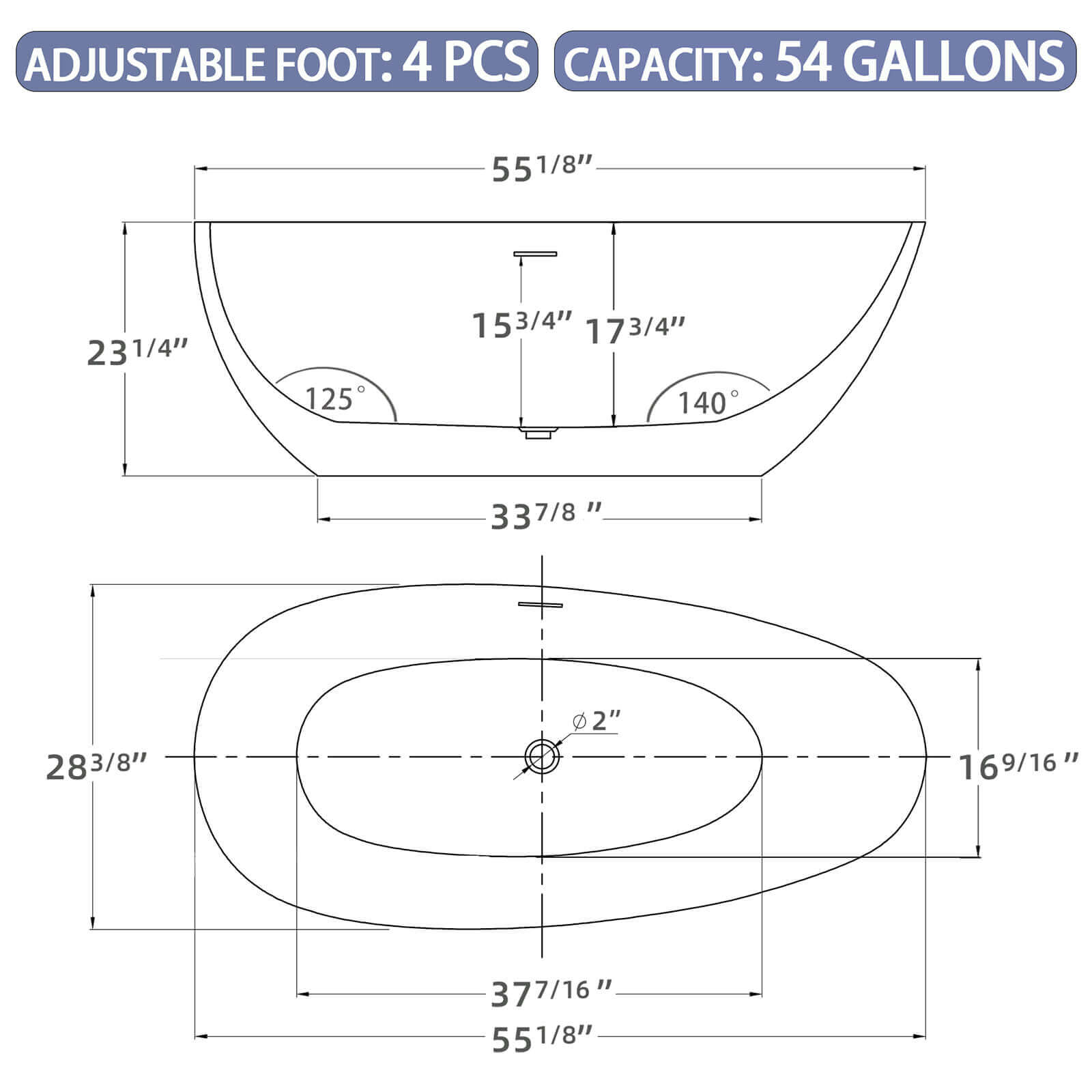 55 in Glossy White Acrylic Freestanding Bathtub Dimensional Outline Chart