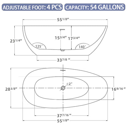 55 in Glossy White Acrylic Freestanding Bathtub Dimensional Outline Chart