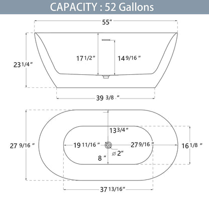 55 inch Adjustable Feet Acrylic Soaking Tub Dimensions Outline Chart