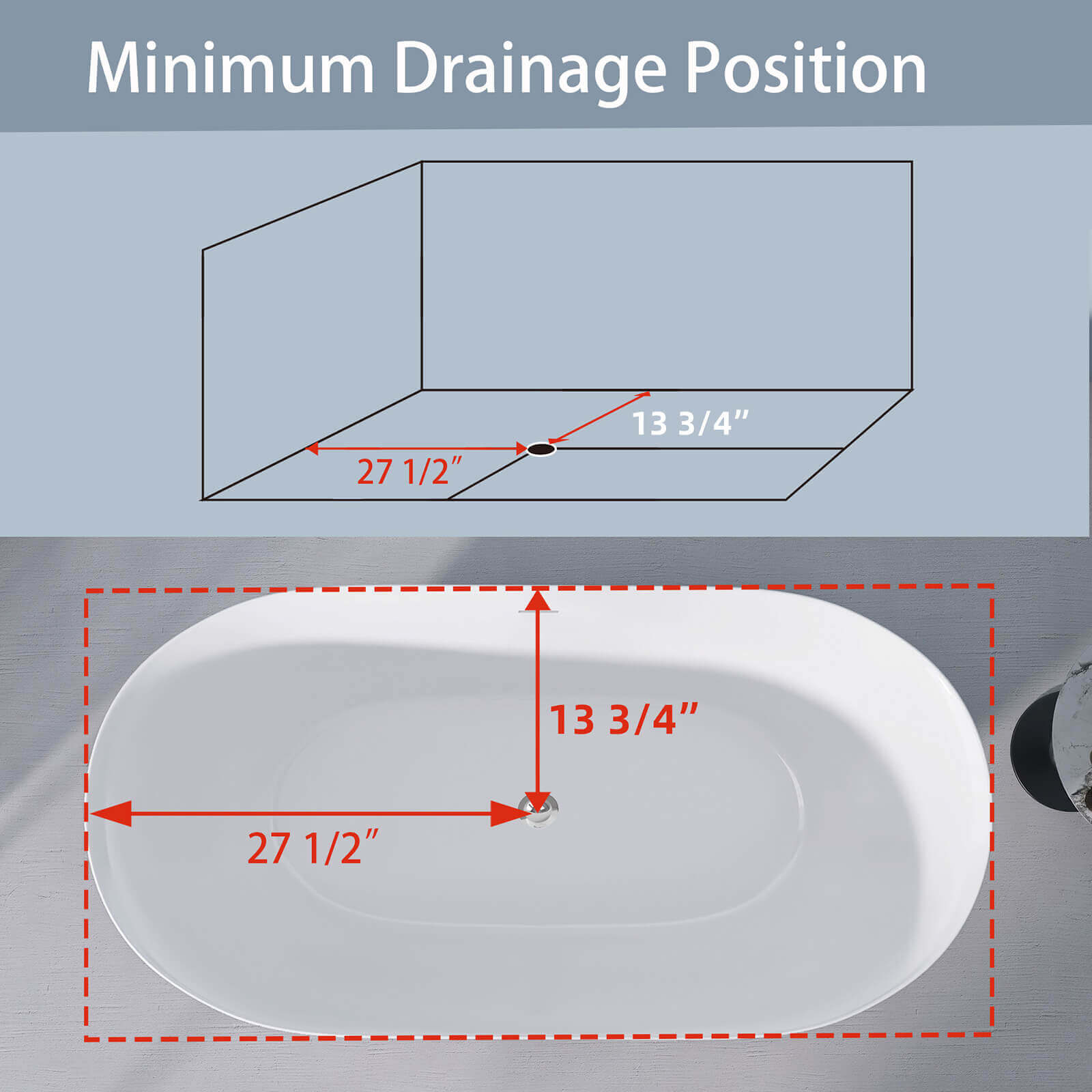 55 inch Adjustable Leg Acrylic Soaking Tub Drain Location Instructions from Each End