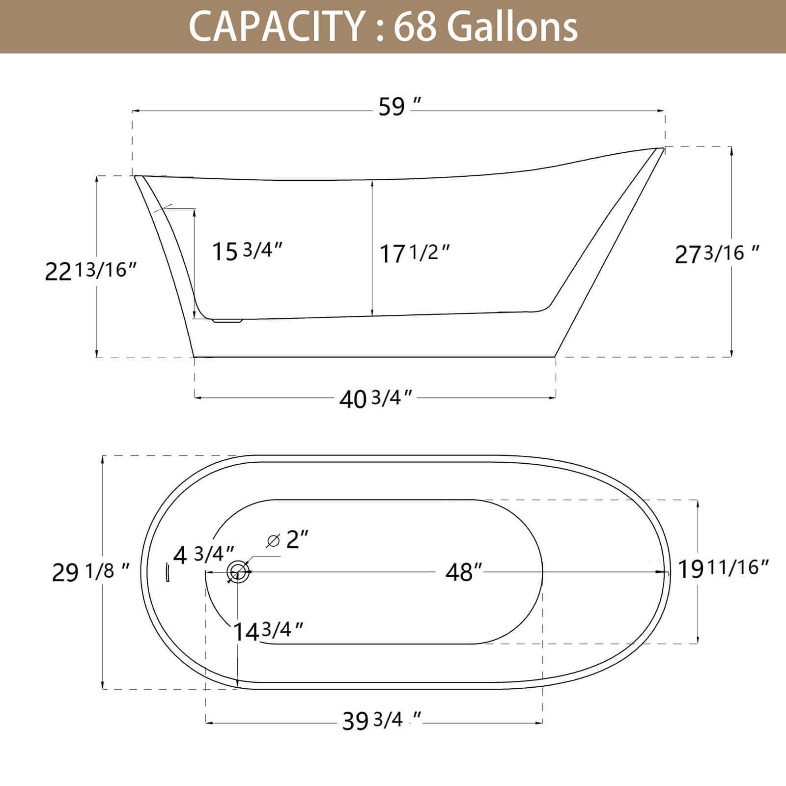 59 Inch Acrylic Single Slipper Bathtub with Pop up Drain Dimensions Chart