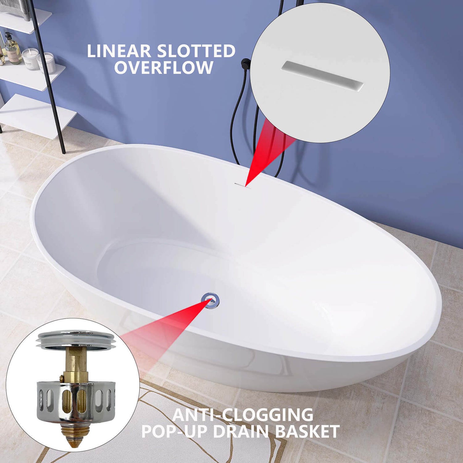 59 Inch Insulated Acrylic Freestanding Soaking Tub Spout and Overflow