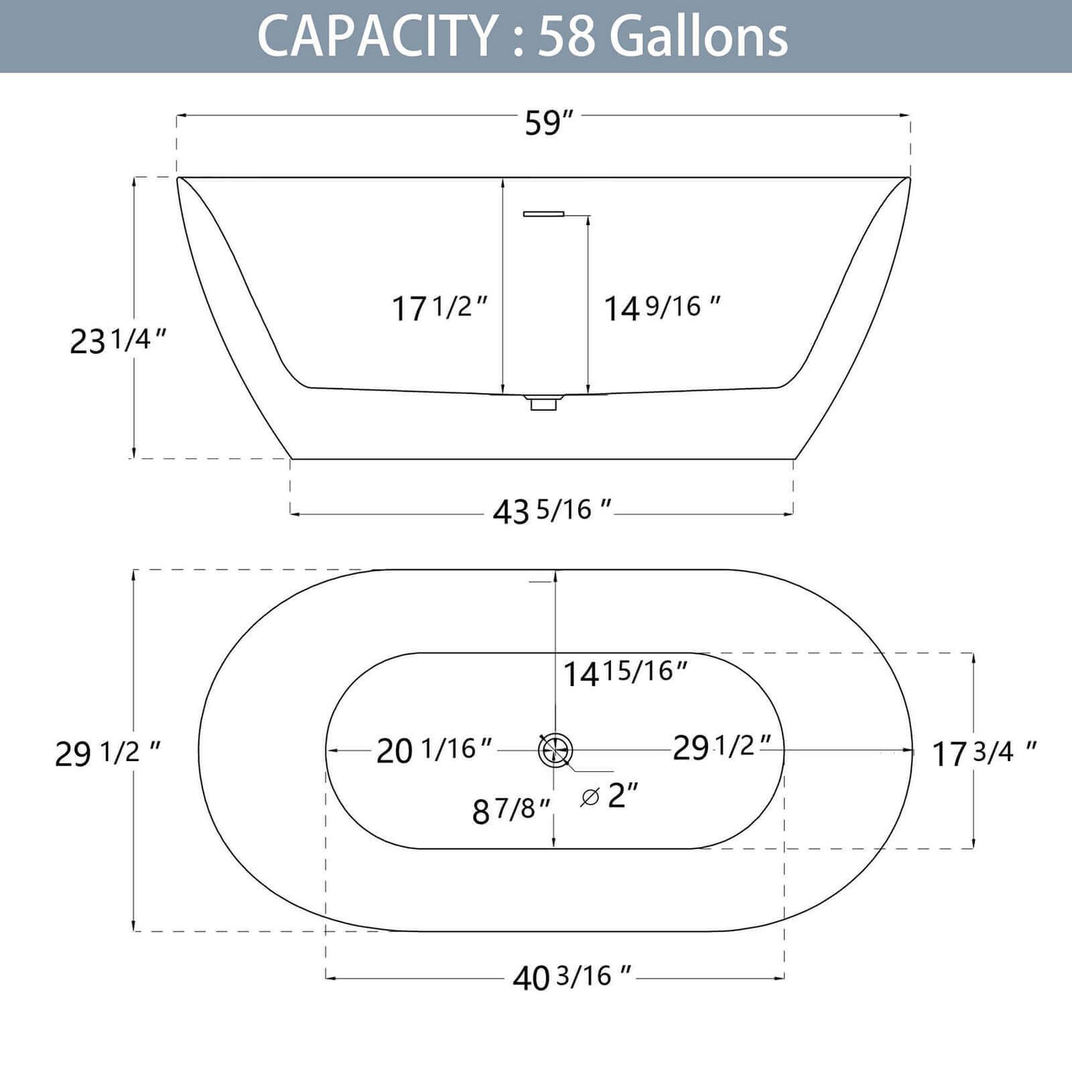 59-Inch Anti-Clog Classic Oval Acrylic Tub Size Contour