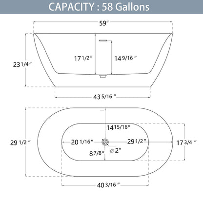 59-Inch Anti-Clog Classic Oval Acrylic Tub Size Contour