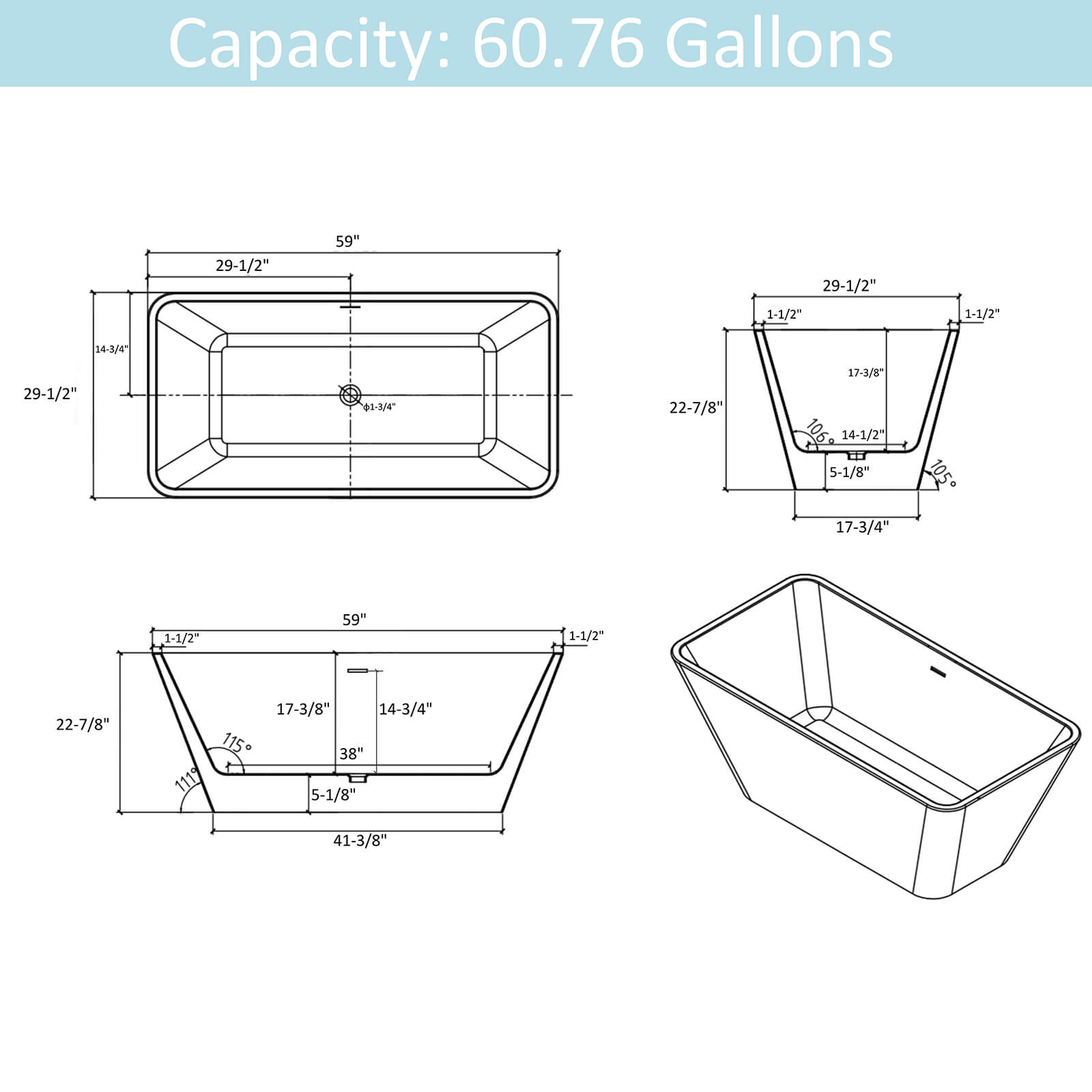 59 inch Acrylic Tub with Brushed Nickel Overflow Dimensions Outline