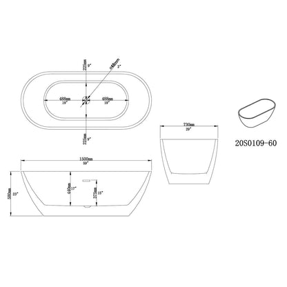 59 inch ergonomic backrest acrylic bathtub dimensions outline drawing