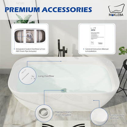 59 Inch White Acrylic Freestanding Soaking Bathtub with Overflow