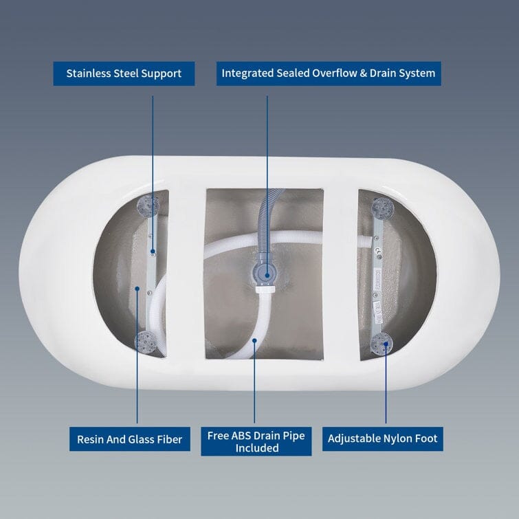 59&quot; Freestanding Soaking Tub Bottom with Center Drain Adjustable Feet Details