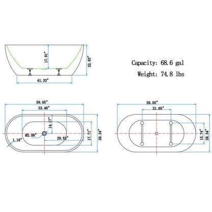 59&quot; Freestanding Soaking Tub Dimensional Details with Center Drain