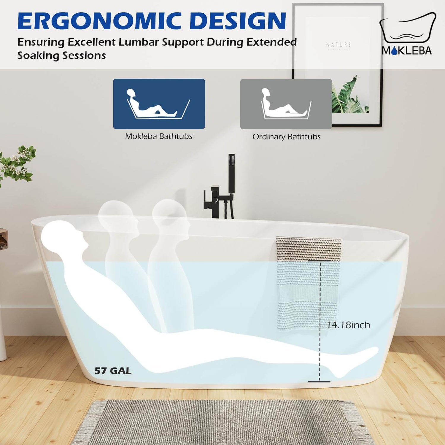 59-inch white acrylic single slipper bathtub interior details