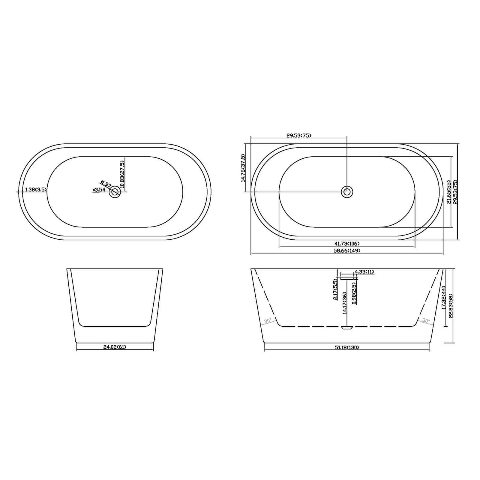 59 inch non-porous acrylic bathtub outline dimensions