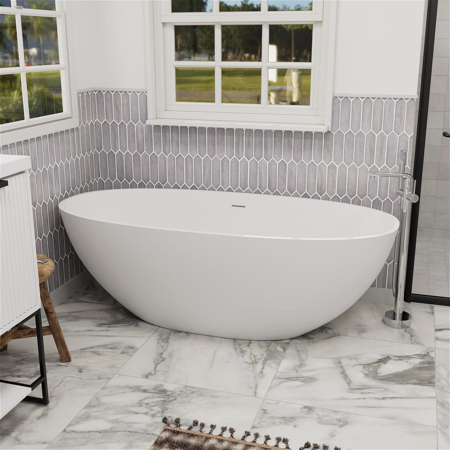 55&quot; Solid Surface Stone Resin Oval-shaped Freestanding Soaking Bathtub with Overflow