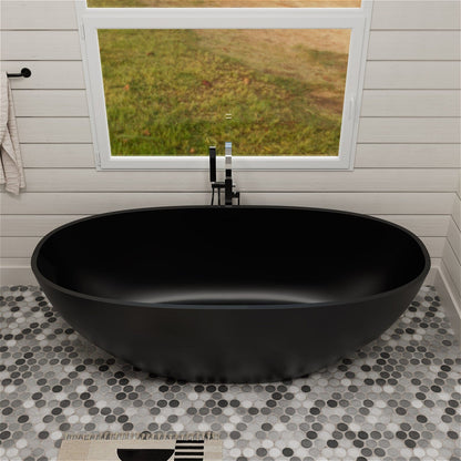 55&quot; Solid Surface Stone Resin Oval-shaped Freestanding Soaking Bathtub with Overflow