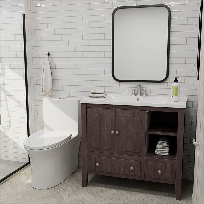 36&quot; Brown Bathroom Vanity with Ceramic Basin, Bathroom Storage Cabinet with Two Doors and Drawers