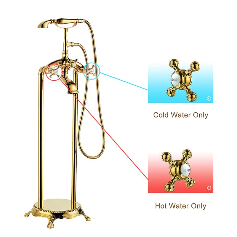 Floor Mount Freestanding Bathtub Faucet with Handheld Shower Gold Retro Style