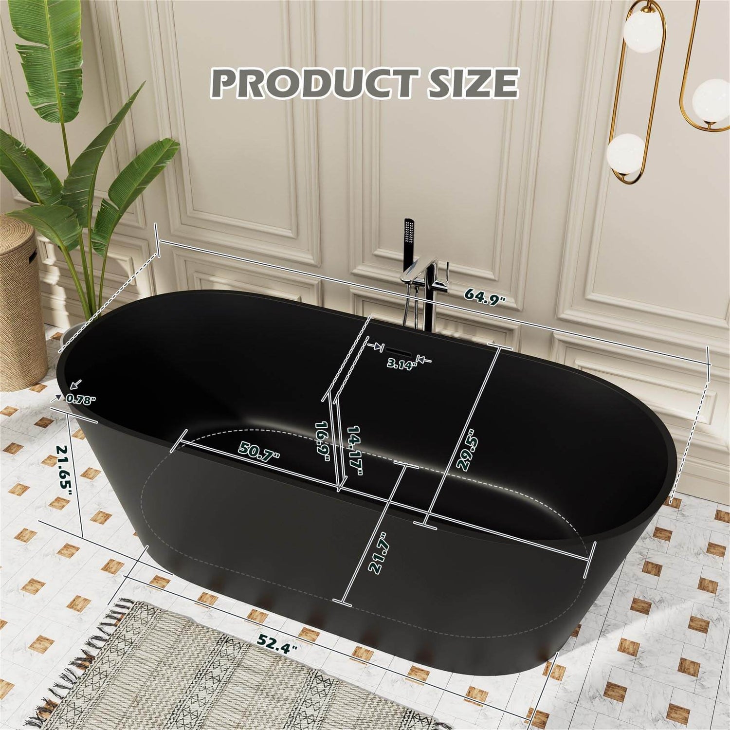 65&quot; Stone Resin Bathtub Oval-shaped Solid Surface Stand Alone Tub with Pop-up Drain