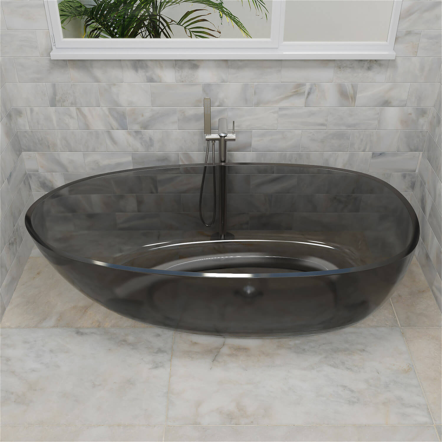 63&quot; Modern Art Resin Tub, Gray Transparent Egg Shape Freestanding Soaking Bathtub for Hotels