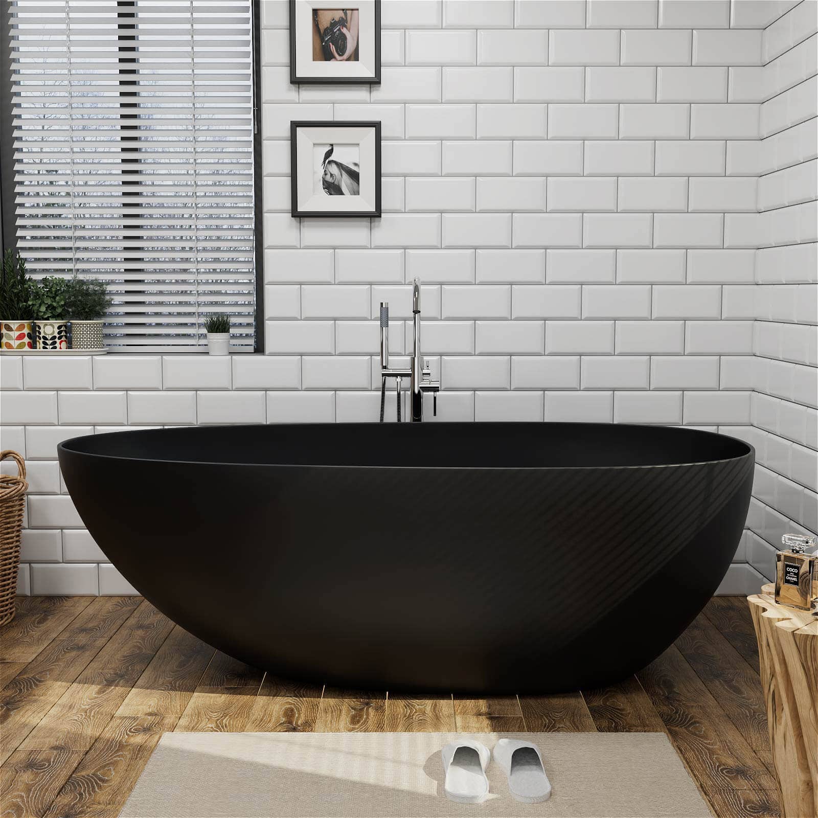 59&quot;/67&quot; Black Bathtub Egg Shaped Solid Surface freestanding Soaking Tub