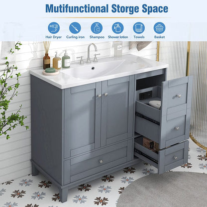 36-Inch Freestanding Drawer Bathroom Vanity with USB Charging and Single Sink