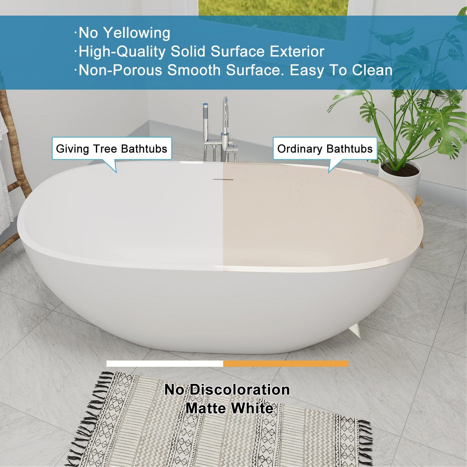 65&quot; Modern Oval Tub Solid Surface Stone Resin Freestanding Soaking Bathtub with Tub Tray