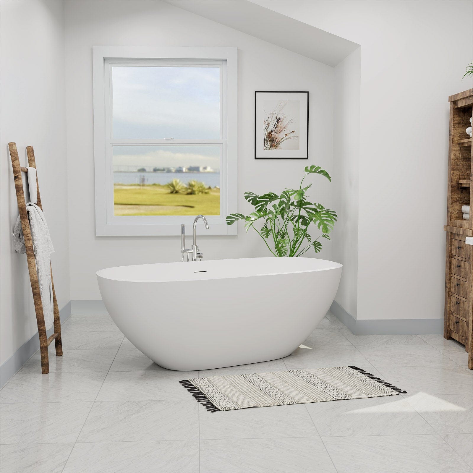 65&quot; Modern Oval Tub Solid Surface Stone Resin Freestanding Soaking Bathtub with Tub Tray