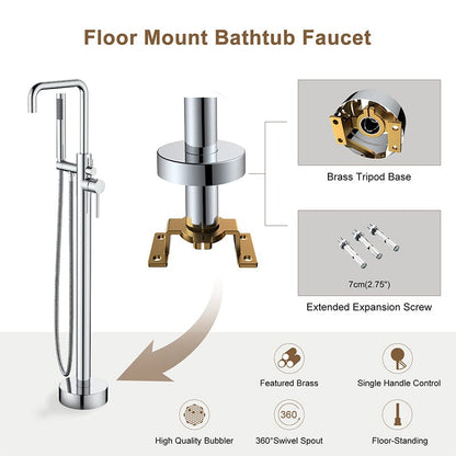 Freestanding Tub Filler Floor Mount Chrome Bathtub Faucet with Handheld Shower