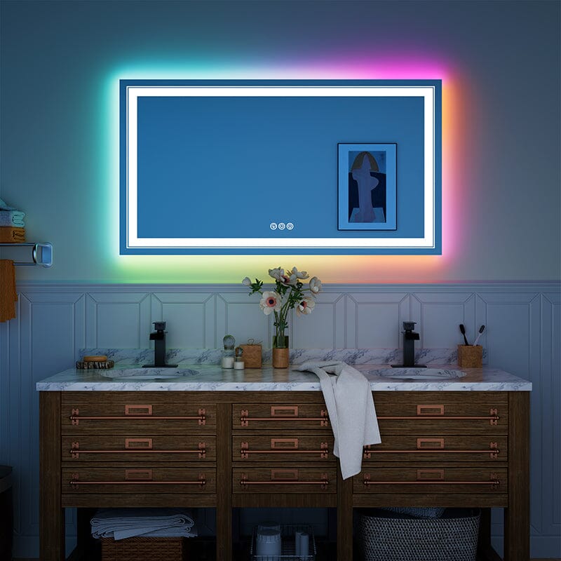 RGB LED Light Bathroom Vanity Mirror Rectangular Frameless Anti Fog