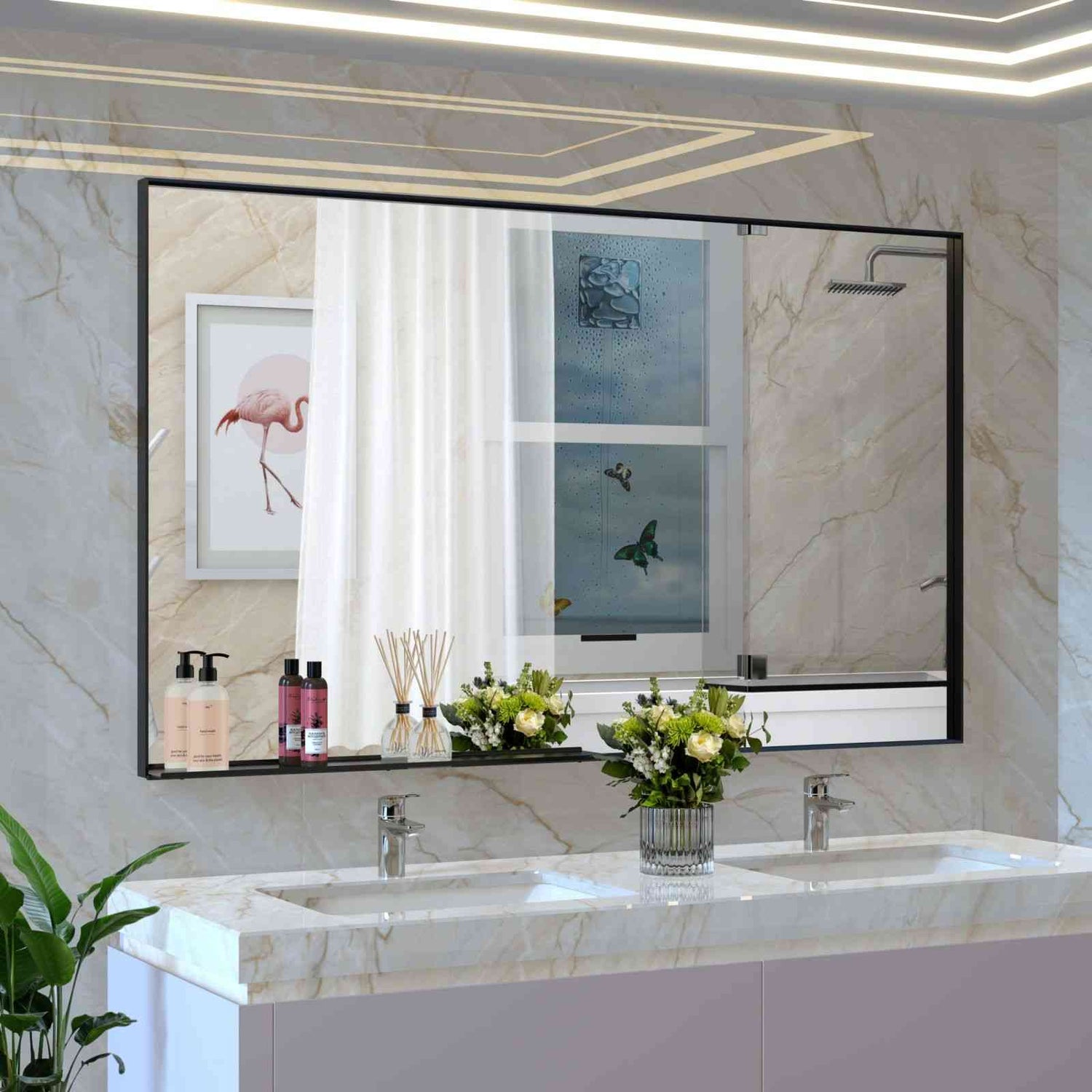 60x36 Inch Modern Decorative Rectangle Bathroom Mirror with Black Aluminum Frame Flank